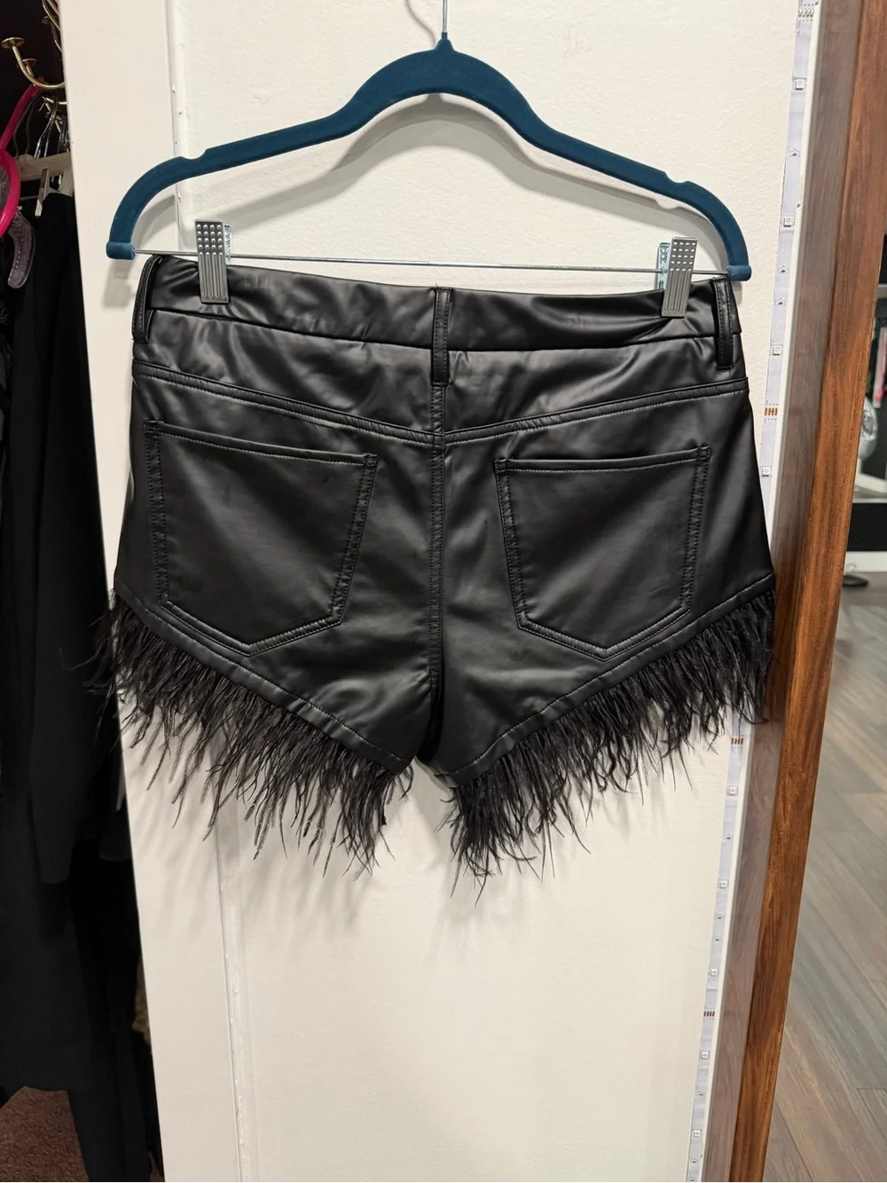 AKIRA Black Faux Leather Feather-Trim Shorts